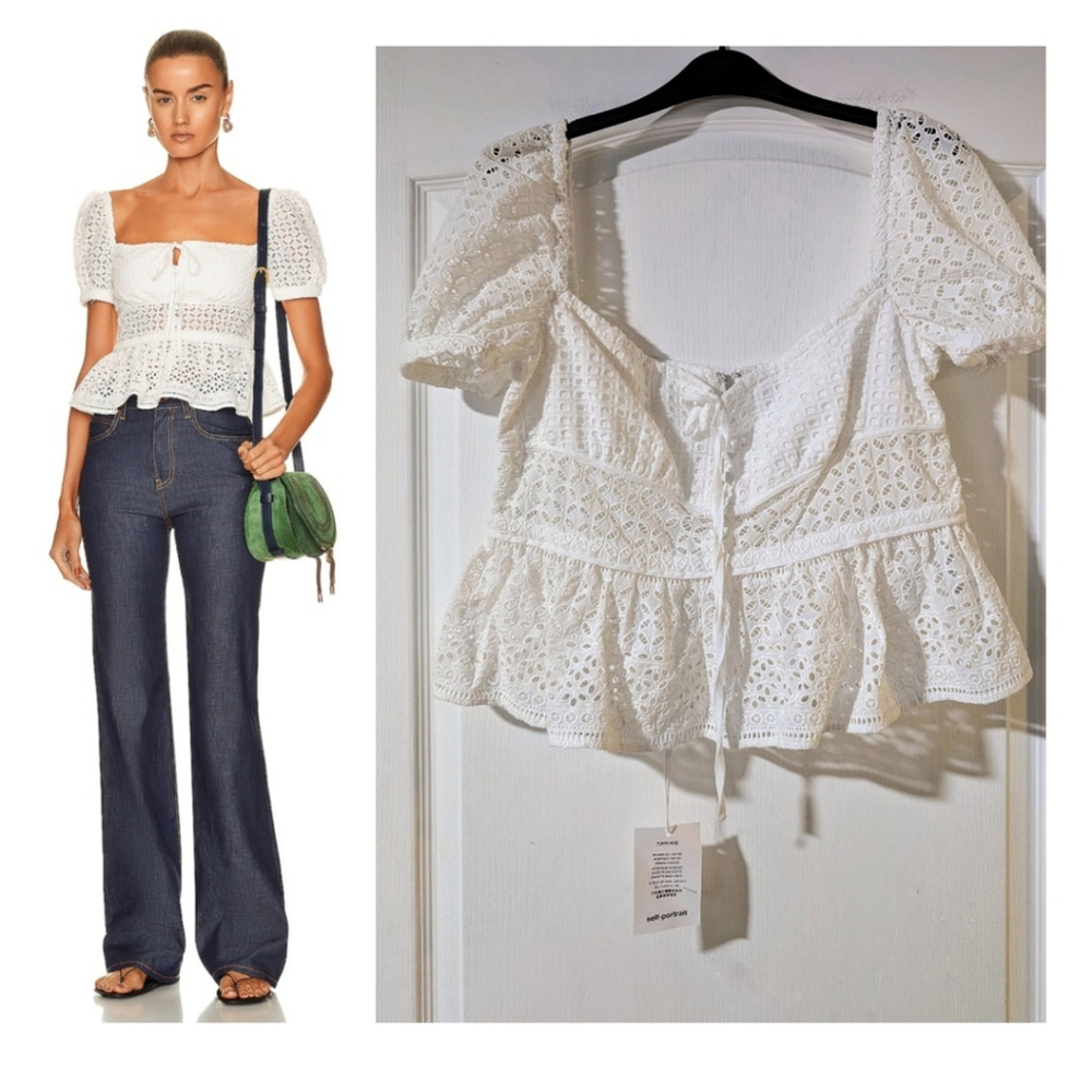 NWT Self-Portrait | Broderie Peplum Top In White